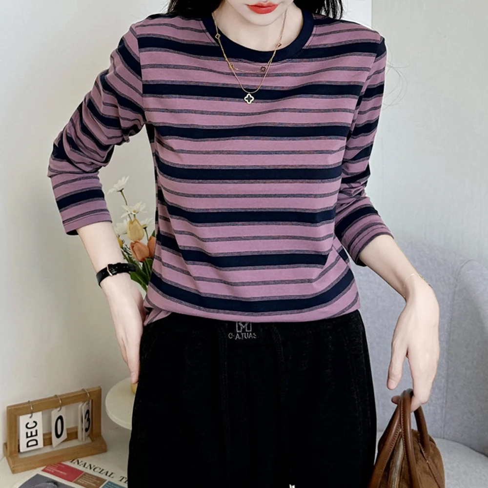 

European purple striped long sleeved T-shirt for women's autumn new high-end cotton fashion plus plus size round neck casual top