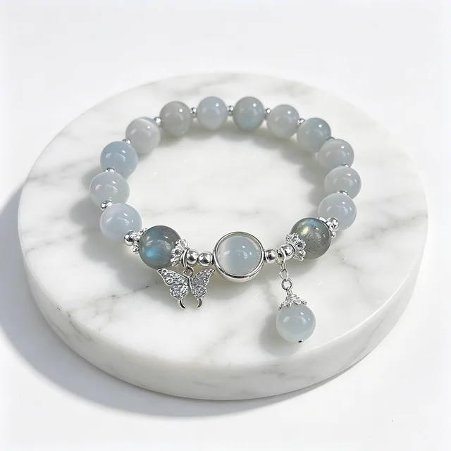 Dainty Blue Cats Eye Beaded Bracelet, Cute Butterfly Charm Elastic Hand Chain, Moonlight Opalite Stone Jewelry, Graduation Birthday Gift for Best Friend Teen