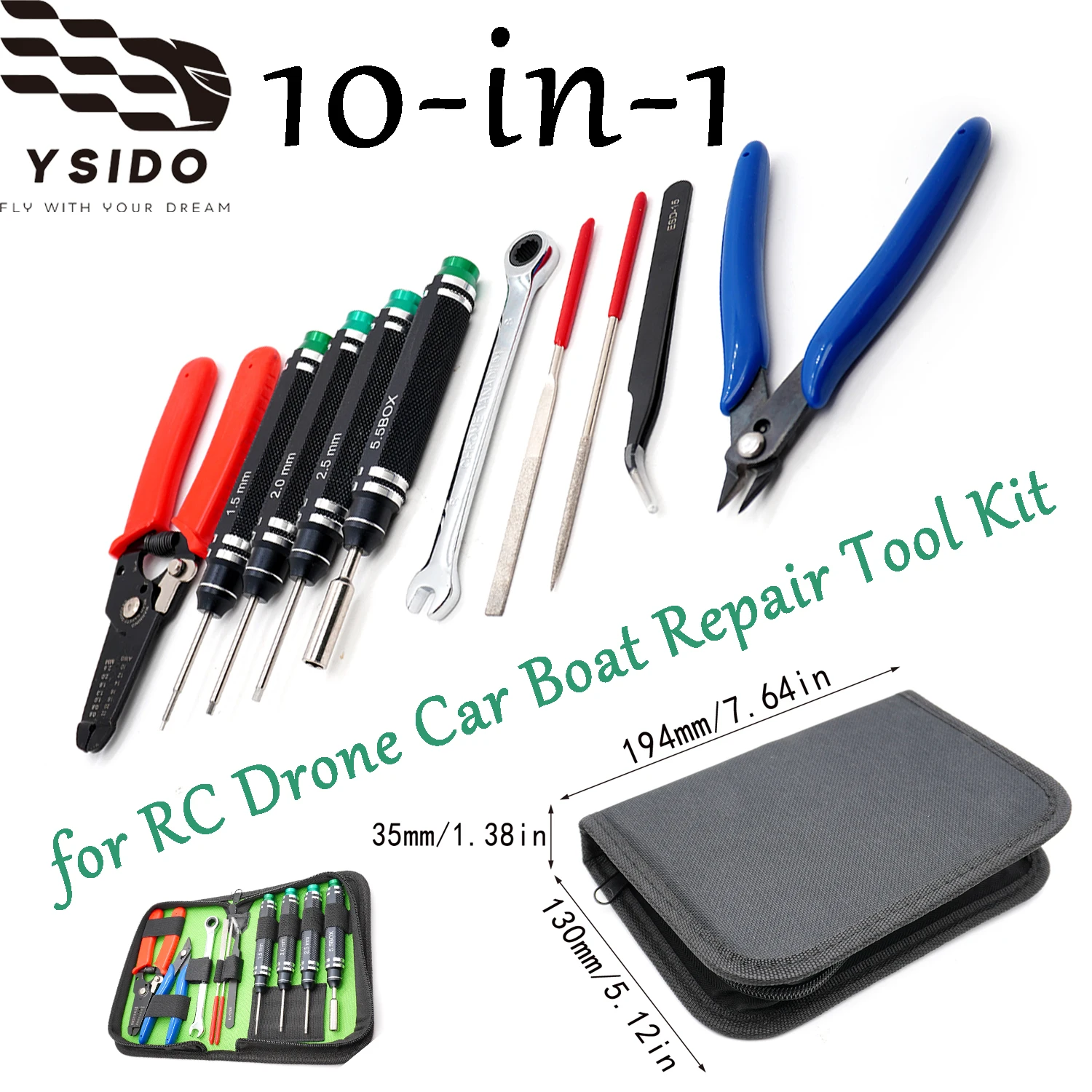 Multi-functional DIY Repair Tool Set with 1.5/2.0/2.5mm Hex Screwdriver & Pliers & Wrench & Flat Needle File for RC Drone Car