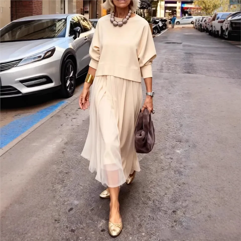 

Women French Retro Elegant Stitching Solid Color Mesh Dress Autumn Winter New Fashion Casual Loose Female Party Swing Dress 2026