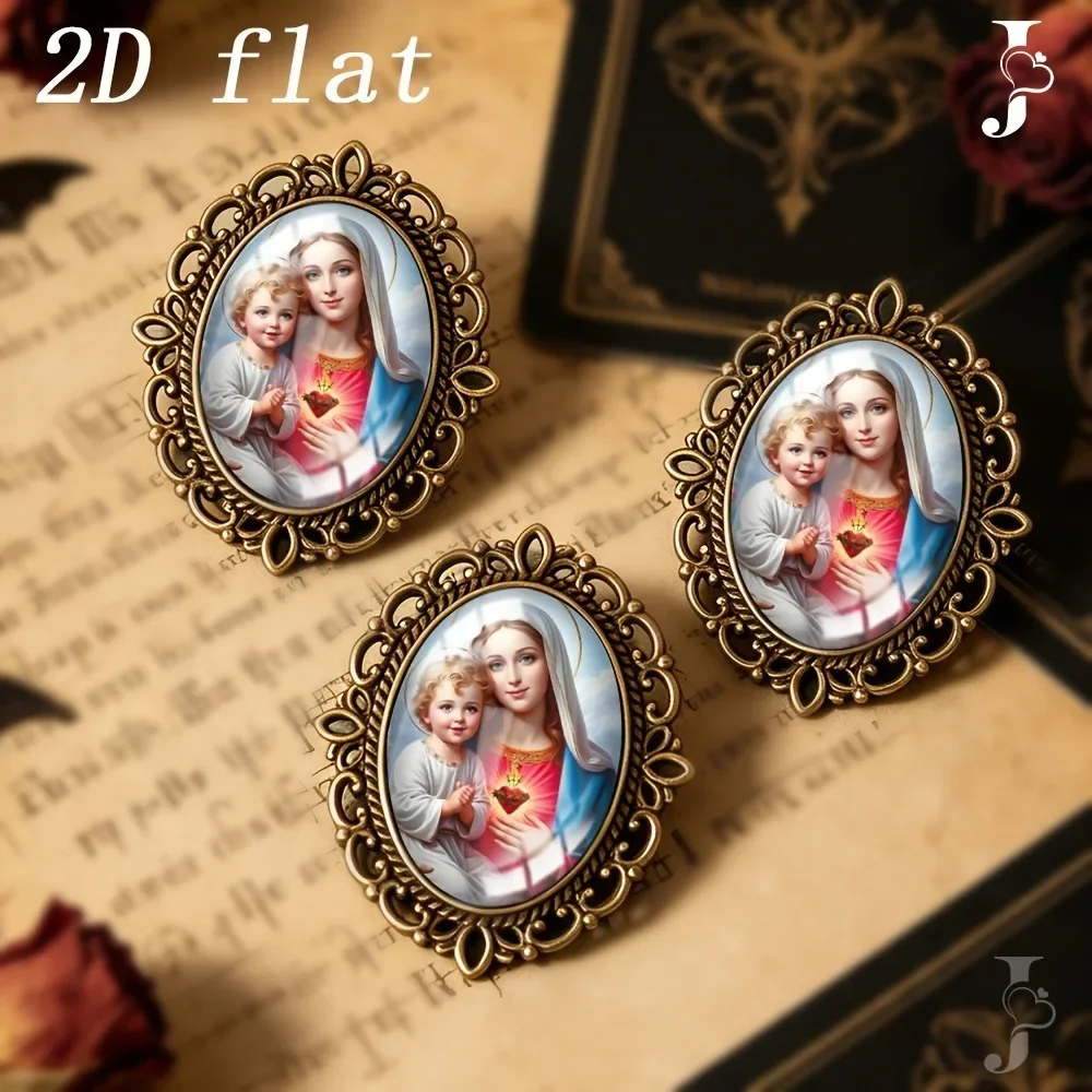 6/12/20 Pcs Virgin Mary Jesus Lapel Pin for Bag, Sacred Heart Oval Glass Brooch, 2D Flat Catholic Gift for Her, Backpack Decor
