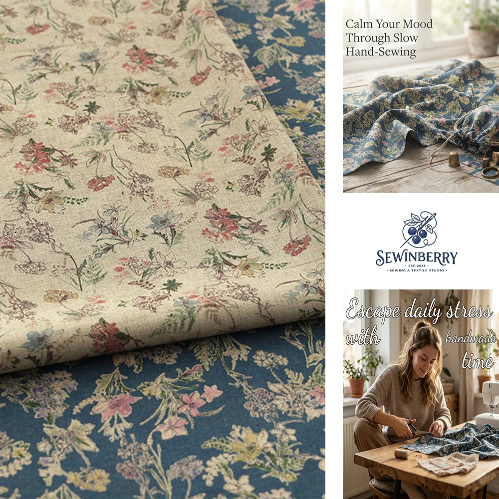 Vintage Pastoral Blue Base Floral Linen Fabric Stress Relief Diy Sewing Material For Fat Quarter Patchwork Dress Home Decor