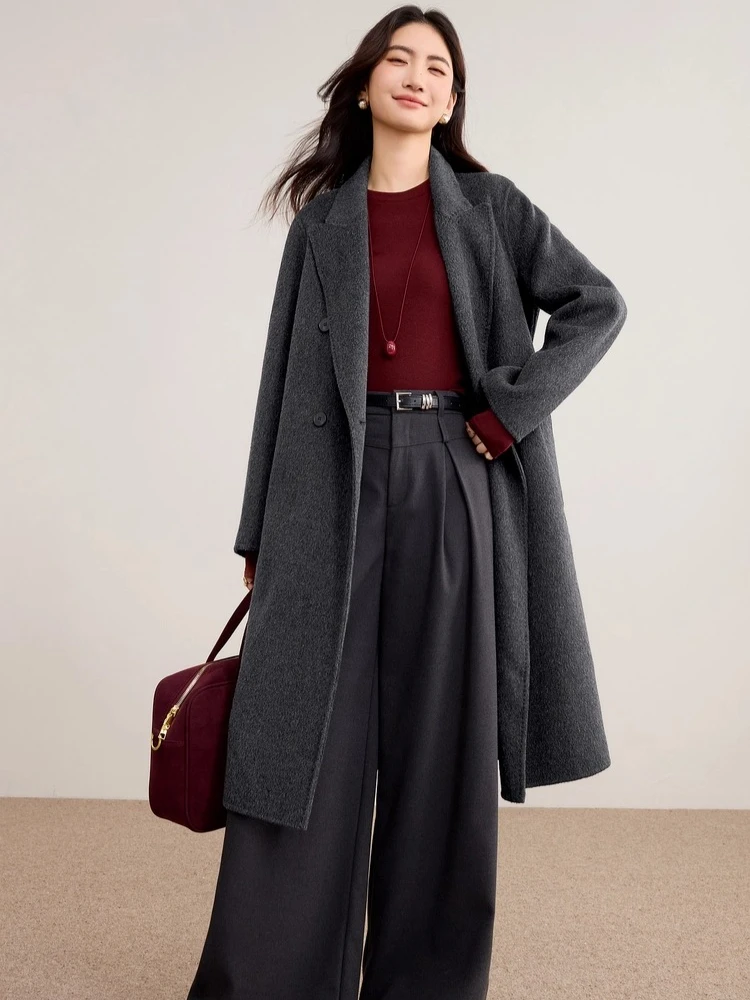 

SENTUBILA Women's Temperament Commuter Double-Faced Wool Coat Winter 2025 Double-Breasted Mid-Length Loose Fit Coat W54OA8783