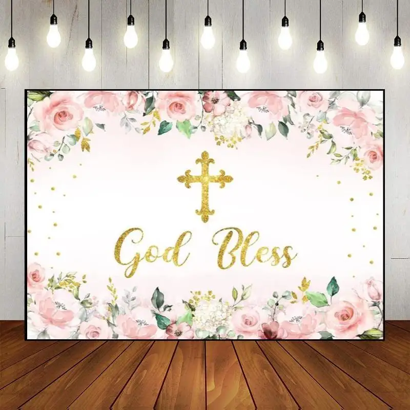 

Newborn Photography Backdrop Custom Decoration God Bless Theme Baptism Party Baby Shower Wall Banner Photo Background Birthday