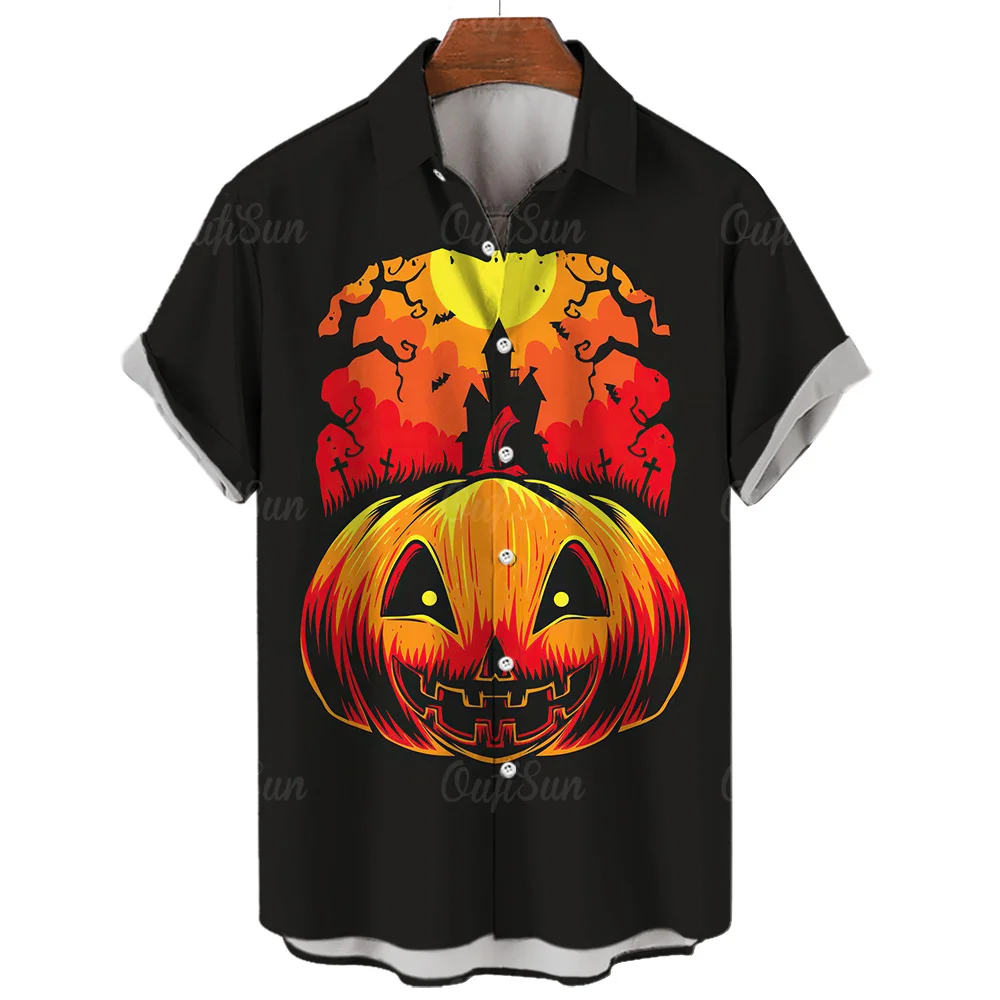 Halloween Ghost scarecrow pumpkin bat Shirts For Men 3d Horror skull Printed High-Quality Beach Fashion Short Sleeved Hawaiian