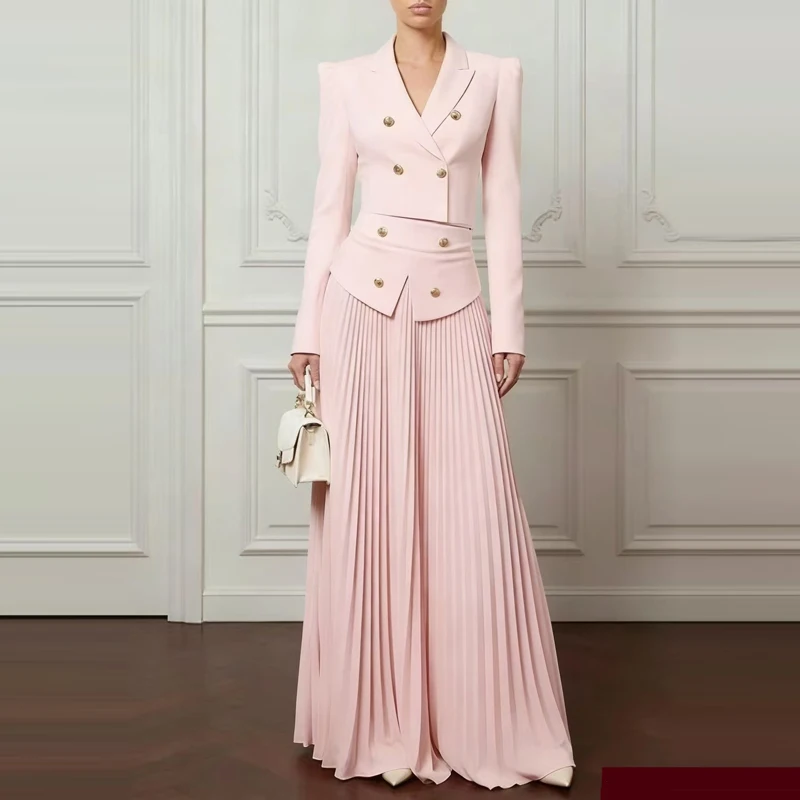 

Lady Solid Color Pleated Long Skirts Sets Spring Summer New Sets Temperament V-neck Button Blazer&Skirts Two Piece Sets