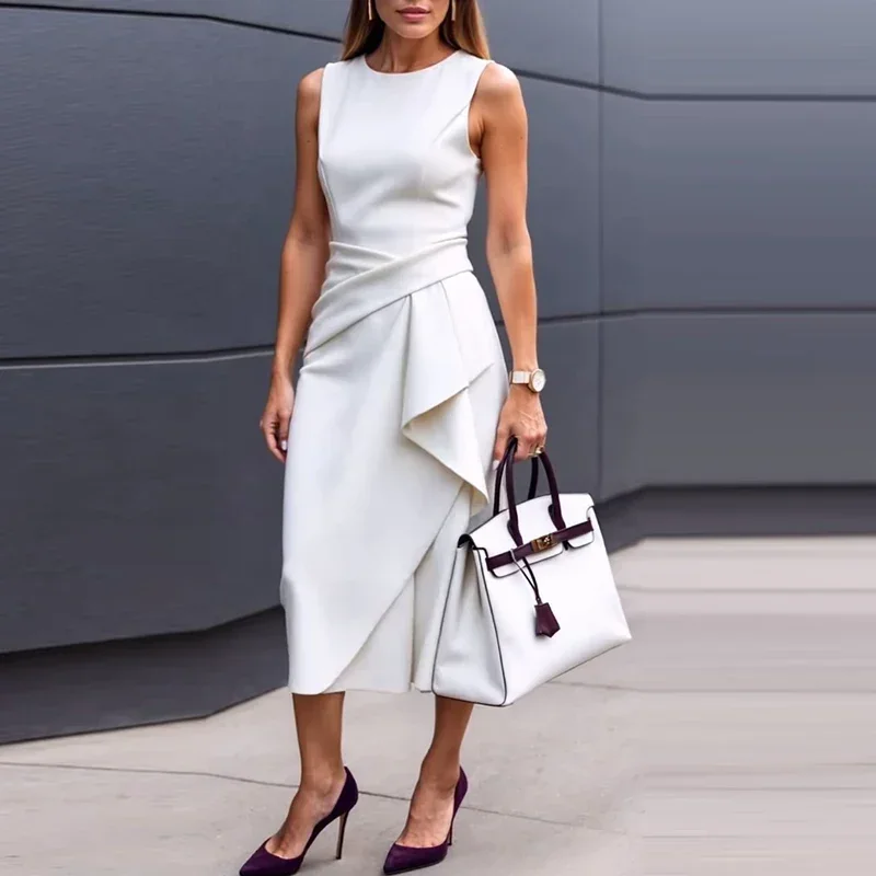 エレガントなノースリーブミディドレス女性の夏のファッション女性オフィスドレス O ネック非対称固体パーティードレス 2025