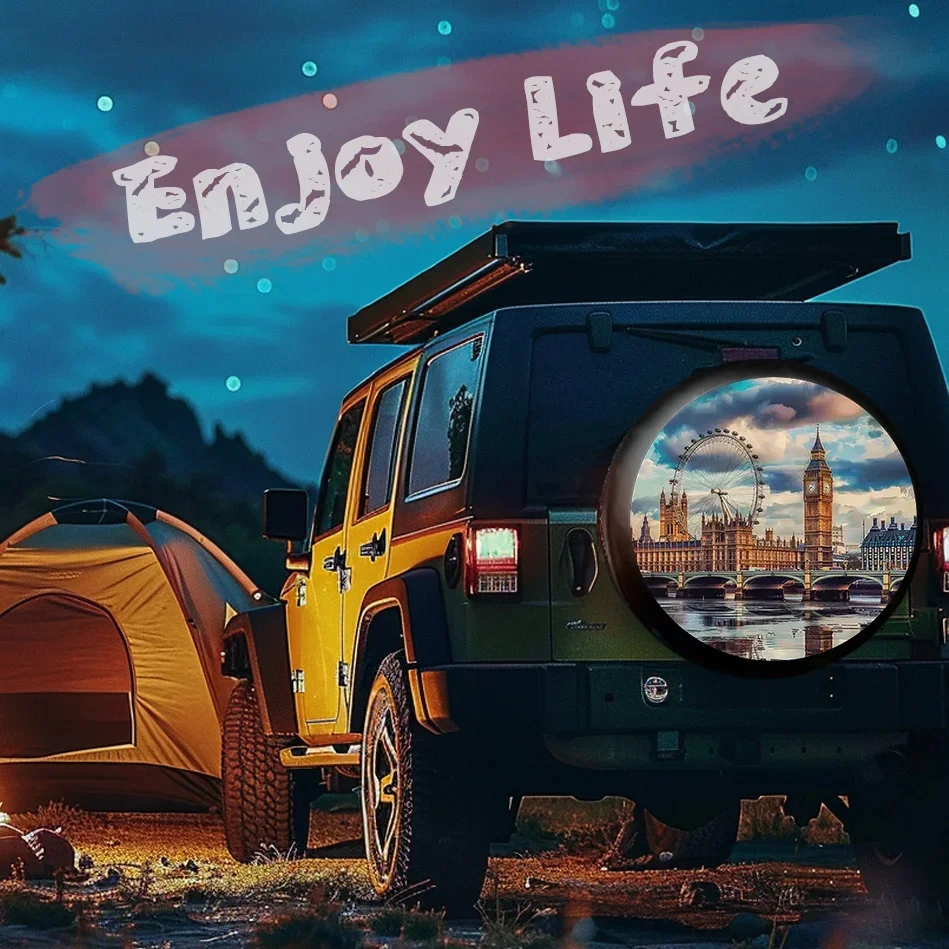 Housse de pneu London Skyline avec design Big Ben & London Eye – Polyester durable pour Jeeps, SUV, camions, remorques élégantes