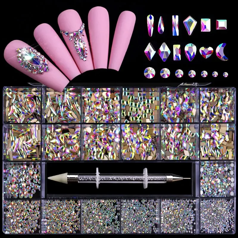 3100pcs  21 Grid Boxed Rhinestone Nail Art Jewelry Set,cristales Original,Nail Art Jewelry Set Flat Glass Shaped Nail Gems