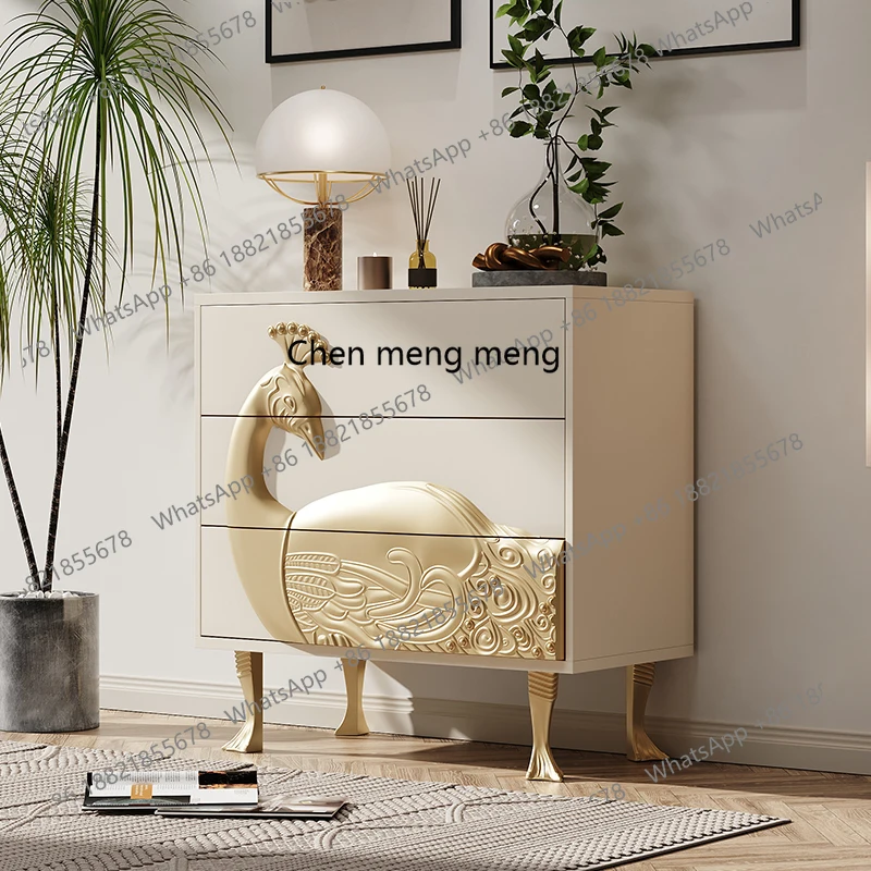 

Chest of Drawers Villa Living Room Solid Wood Carved Peacock Decorative Cabinet Light Luxury Style Entryway Drawer Cabinet