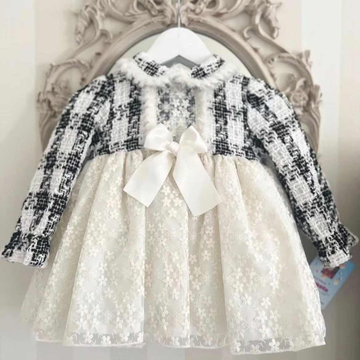 

0-12Y Baby Girl Autumn Lace Black White Plaid Dress for Birthday Photography Holiday Eid C232