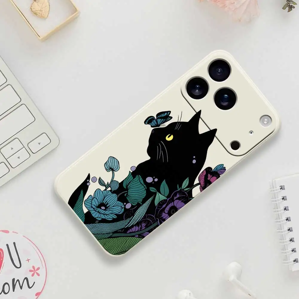 

Black Cat Flower Pattern Phone Case For iPhone 17 16 15 14 13 12 11 Pro Max XS Max XR X 7 8 Plus 17 Air 17Pro Max Silicone Cover