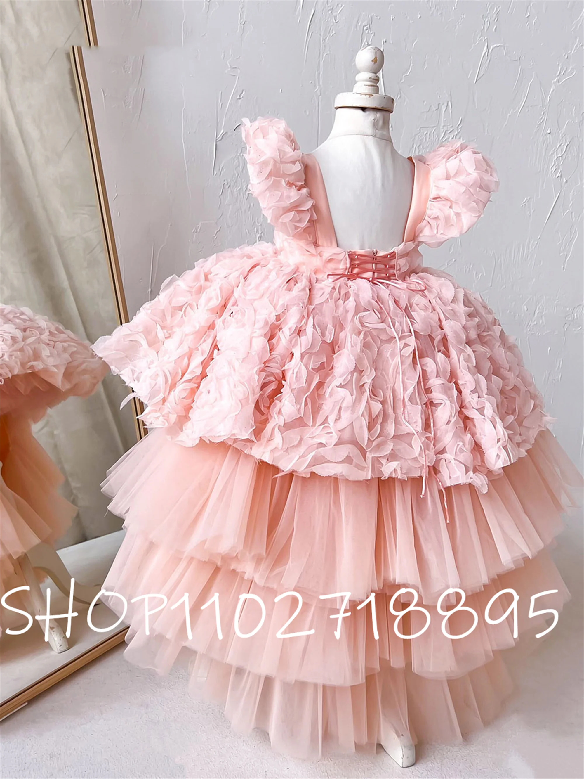 Princess Sleeves Girl Birthday Party Dress Long Trailing Flower Girl Dresses Pink Glitter Girl Dress Girl Evening Dress