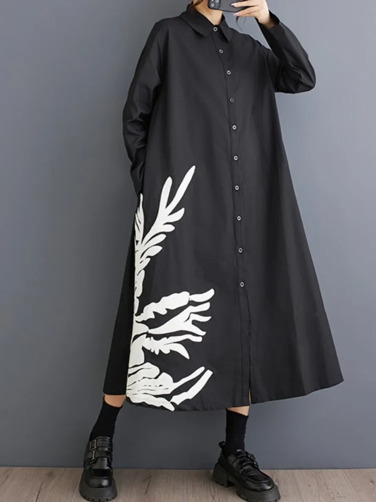 Oversized primavera outono manga longa camisa vestido feminino floral impressão moda senhoras vestidos casuais solto vestido de mulher