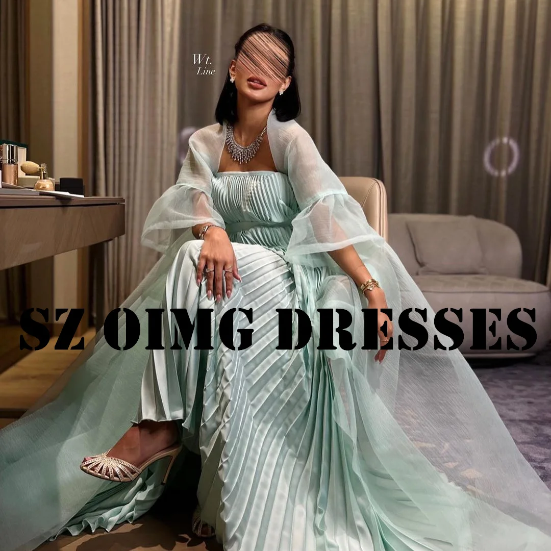 

OIMG New Design Square Collar Prom Dresses Cape Saudi Arabic Women Ruched Pleated Organza Evening Gowns Formal Party Dress