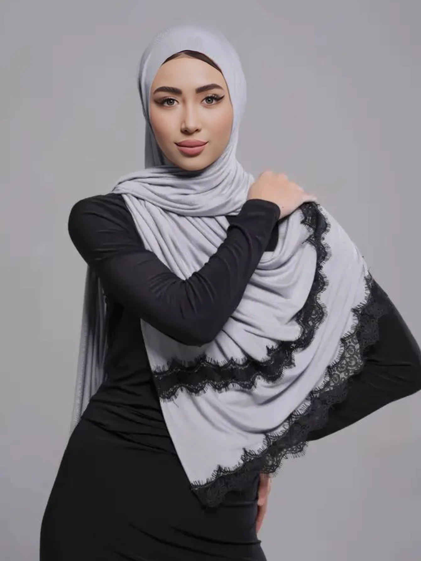 New Jersey Hijab mit Spitze, langer muslimischer Schal, einfarbig, weicher Schal, Turban-Kopfwickel für Frauen, Afrika-Stirnband, 170 x 60 cm – Detail 2