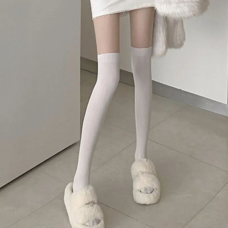 Spring Summer Thin Splicing Mock Calf Pantyhose Women Japanese JK Black Over‑Knee Tights White Socks Soft Hosiery Lolita Girls