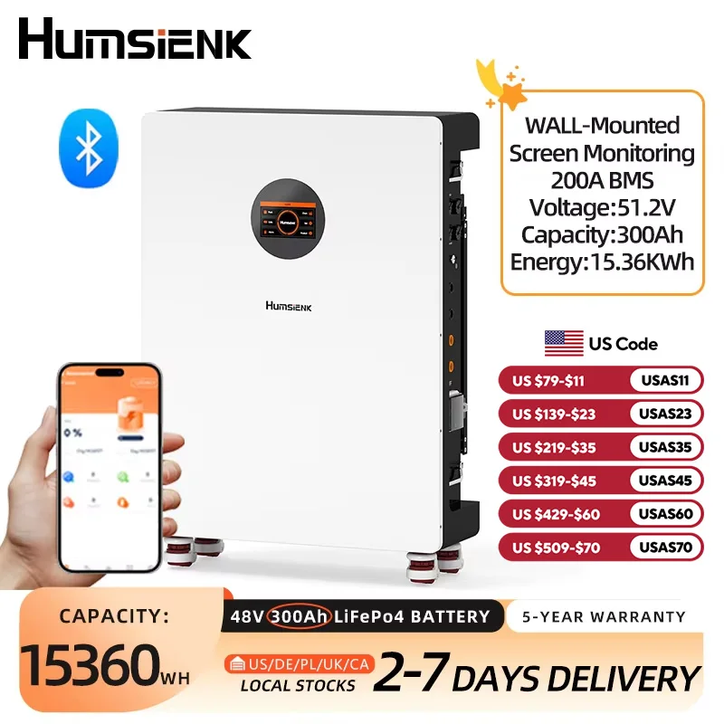 

Литий-железо-фосфатный аккумулятор Humsienk LiFePO4 48В 300Ач с BMS 200А для электроники/автодомов/кемперов/солнечных энергосистем/морского применения/фургонов