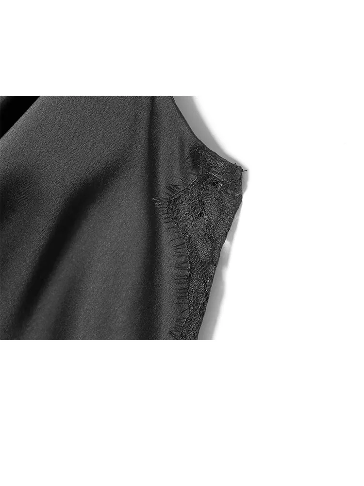 HH mujer verano moda seda satén textura multicapa encaje decoración Sexy Sling vestido femenino cómodo elegante vestido Midi