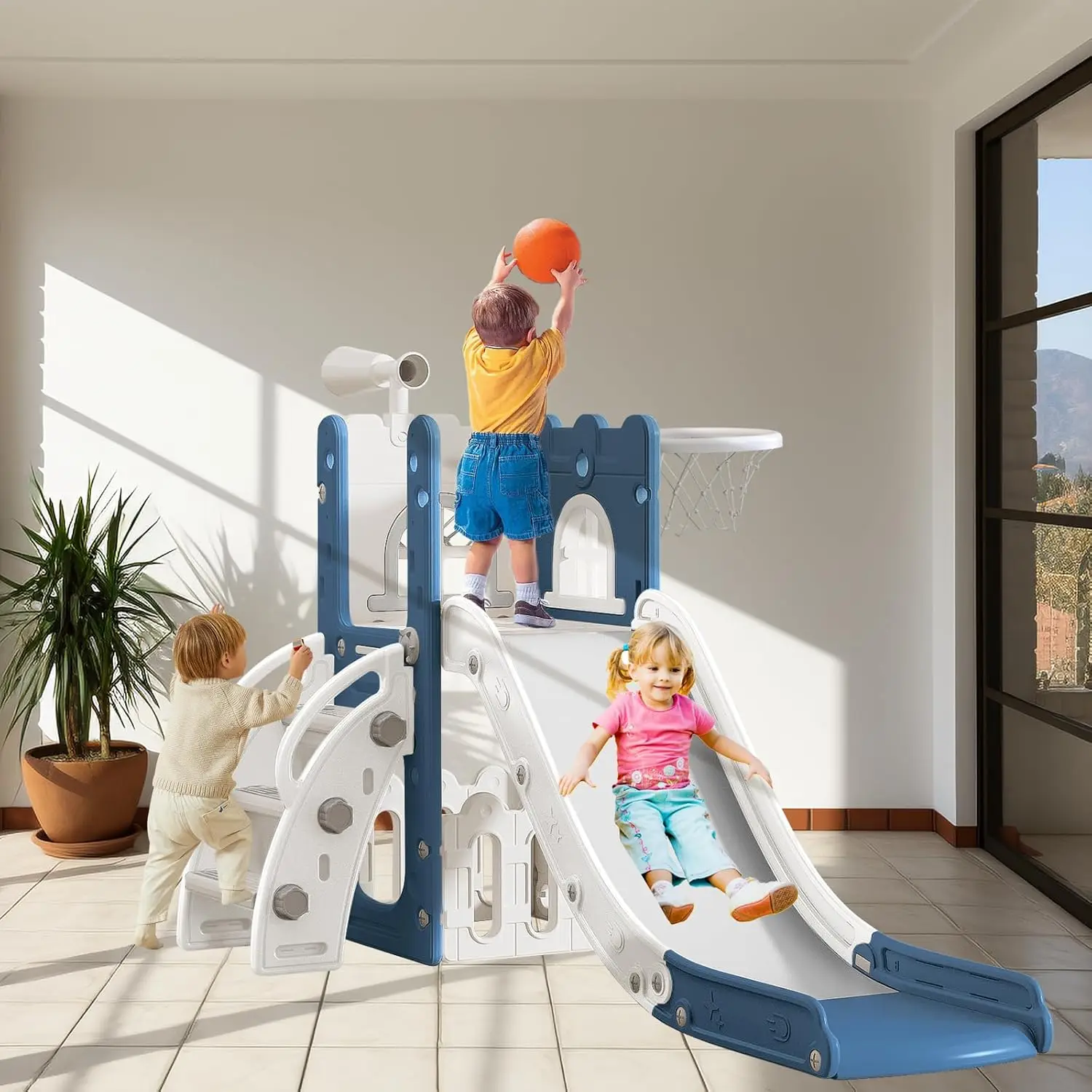 バスケットボールフープ付きの屋内と屋外の遊び場、1〜3歳の子供用スライド、クライマースライダー、収納とテスト、6 in 1