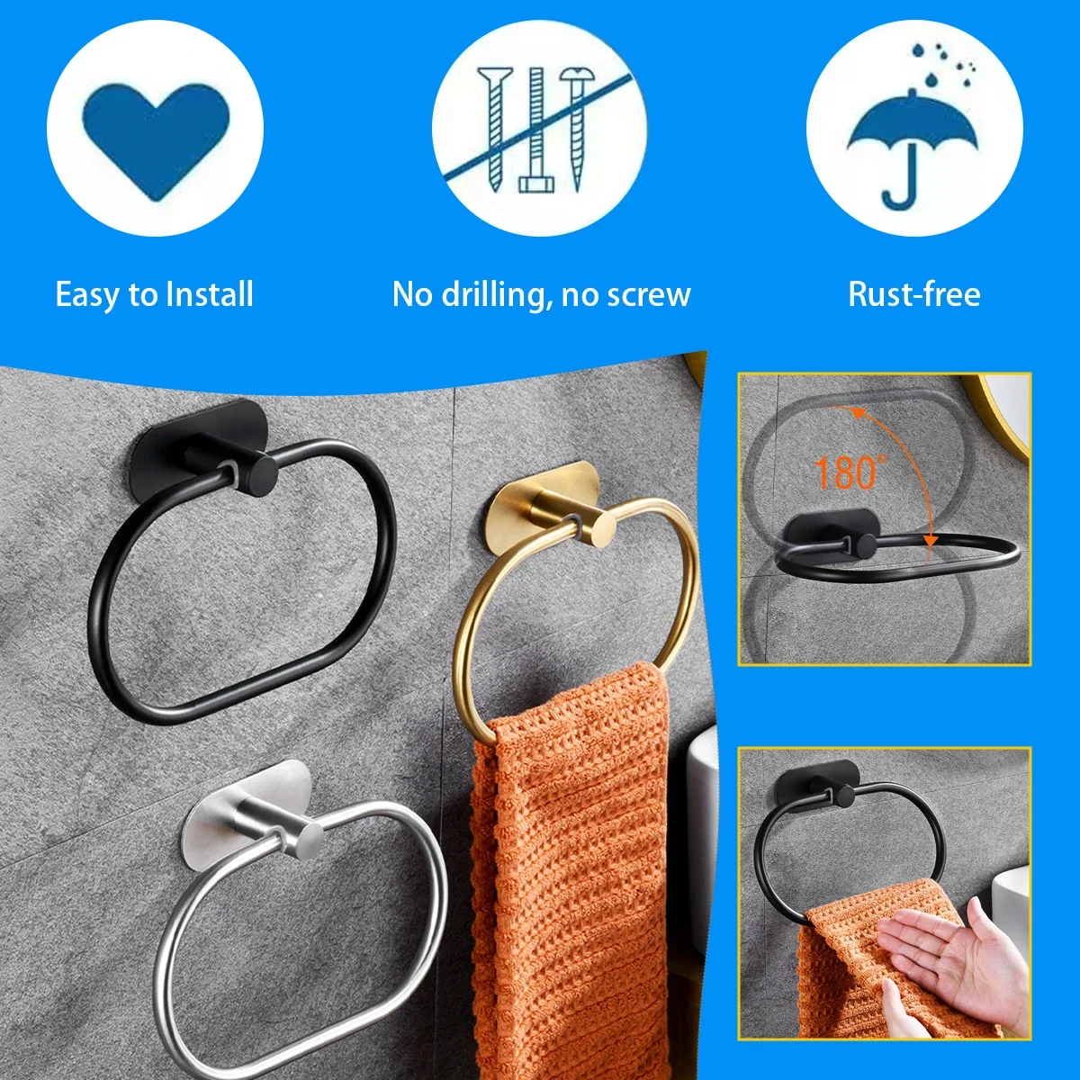 

Stainless Steel Towel Holder Self-adhesive Bathroom Towels Rack Black Washhand Hanger Ring Rail Bar Kitchen Storage Accessories