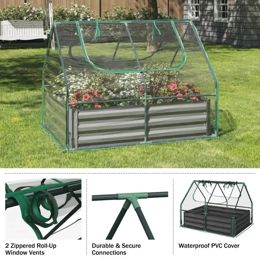 Planter Raised Garden Bed with Removable Green House Rust-Resistant Galvanized Steel  Box with PVC Grow Tent Garden Supplies