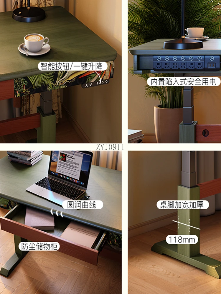 New electric lifting table French retro home solid wood workbench antique computer study table