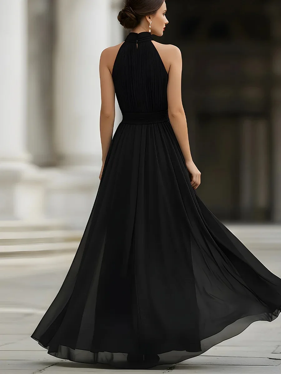 Modernes, schwarzes, langes Halter-Kleid, koreanische Hochzeitskleider, Fotoshooting, ärmelloses Hochzeitskleid, Brautkleid, nach Maß gefertigt. – Detail 2