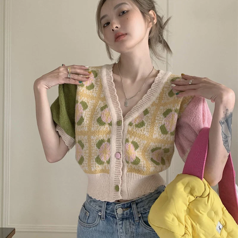 Rimocy Sweet Printed Knitted T Shirt Women Summer Patchwork Puff Short Sleeve Crop Tops Woman Summer V Neck Cardigan Sweater