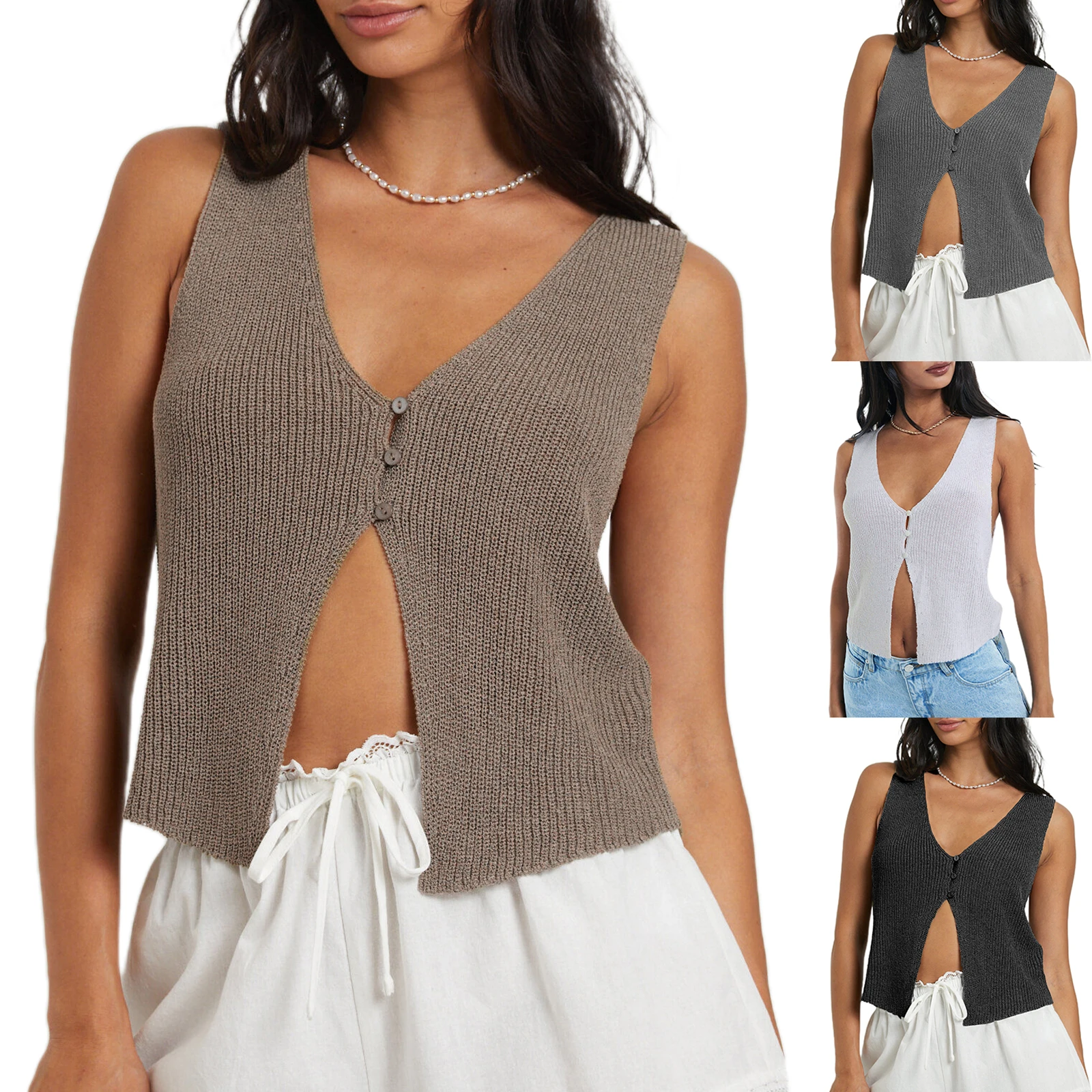 

Women's Y2K Slim Fit Aesthetic Knitted Tank Top Sleeveless Deep V Neck Solid Buttoned Slim Fit Tank Top