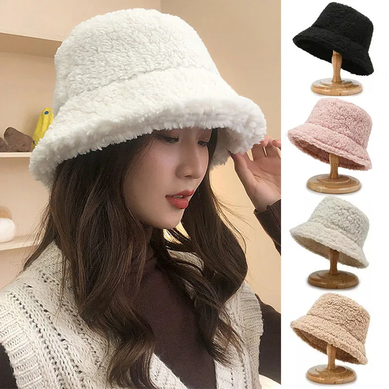 Women Bucket Hats Solid Color Autumn Winter Lamb Wool Outdoor Warm Panama Caps Harajuku Style Unisex Fishing Fisherman Hats