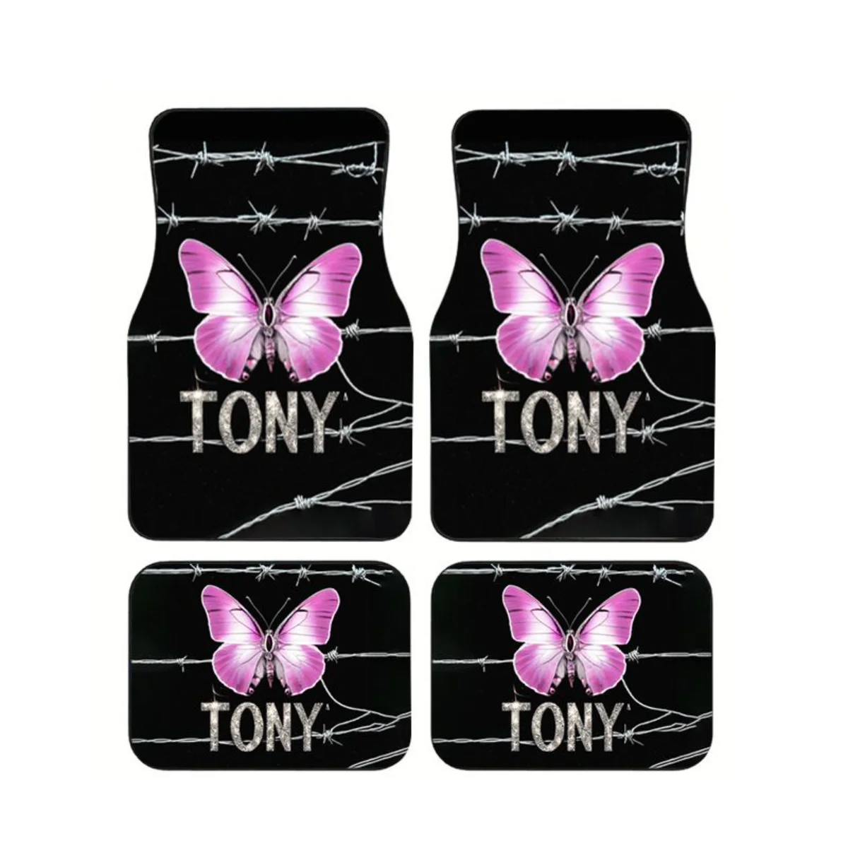 

4Pcs Glitter Barbed Wire Pink Butterfly Car Floor Mats Universal Anti-slip Waterproof Gothic Auto Foot Carpets Interior Decor