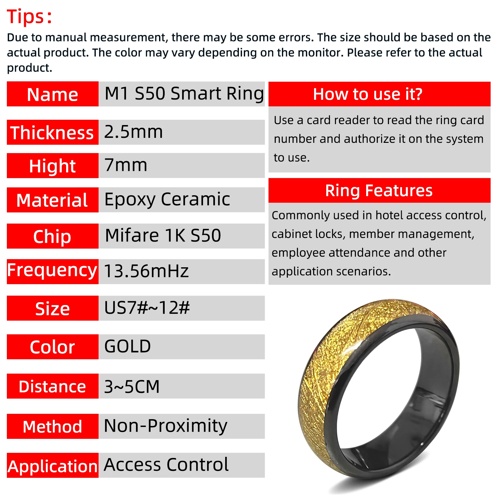 13.56mHz M1 Classic 1K S50 Chip Ceramic Smart Ring for Access Control and Cabinet Lock Keys Cards,Compatible with 14443 Protocol