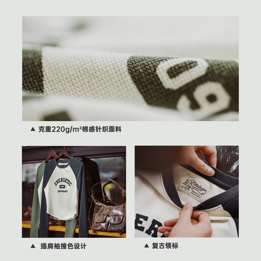 Maden Short Slim Long Sleeve T-Shirt for Women Contrast Color Round Neck Letter Top Baseball Printed Tee Innerwear