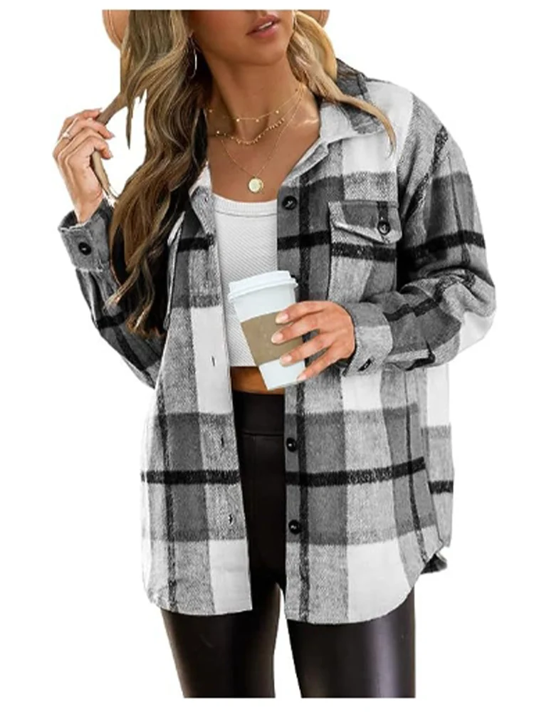 Autumn Long Sleeve Plaid Pocket Female Button Shirt Casual Blouse Women's Thin Coat Top