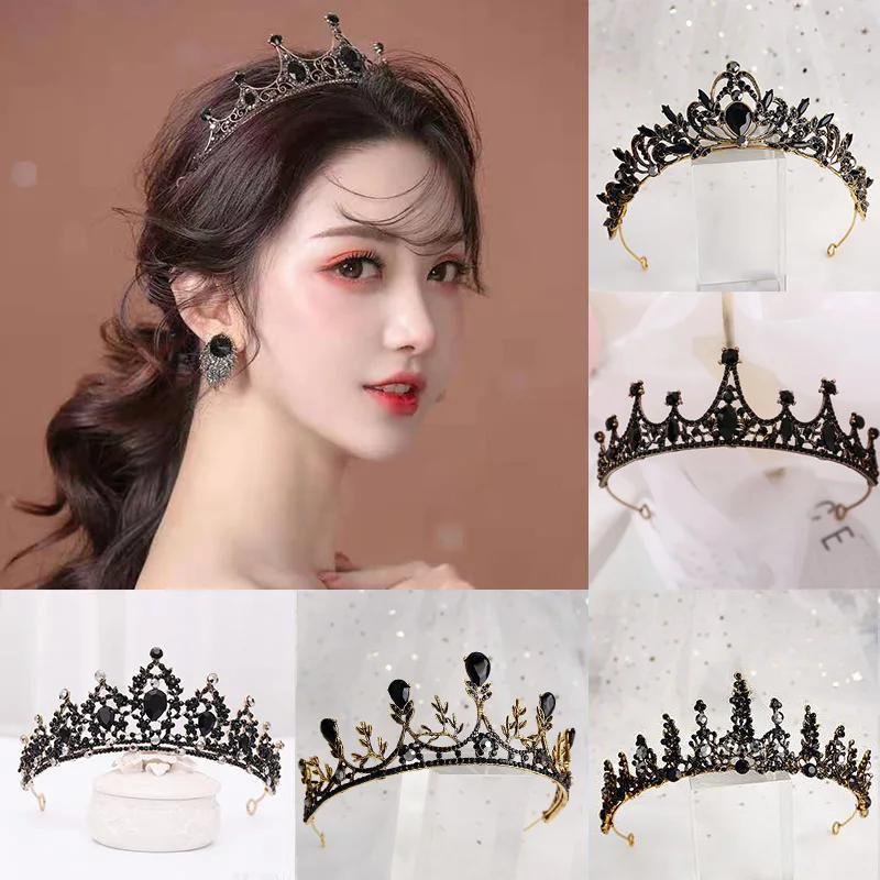 Baroque Retro Black Luxury Bridal Crystal Tiaras Crowns Princess Queen Pageant Prom Rhinestone Veil Tiara Wedding Hair Accessory