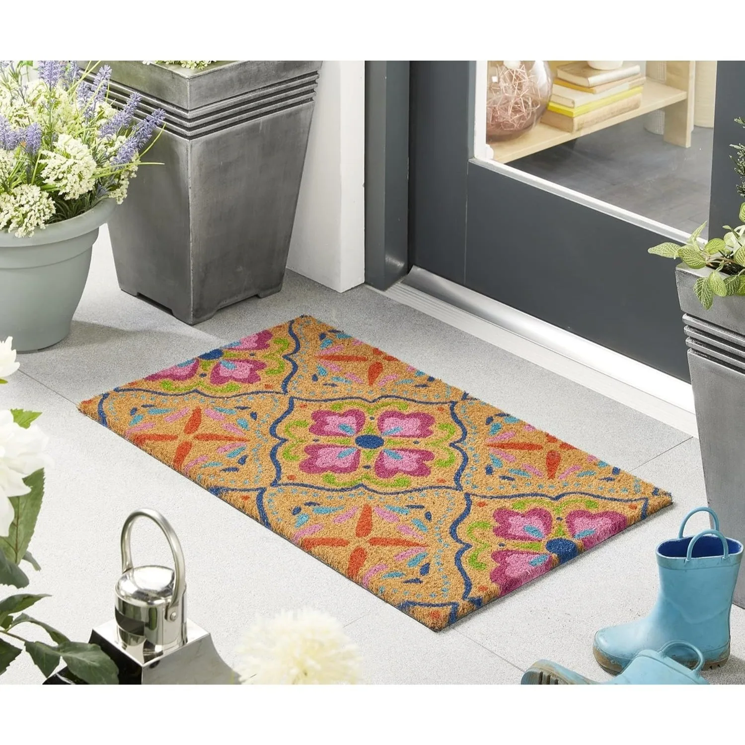 Nature Art Floor Mat Retro Oil Painting Colorful Perched Birds with Floral Branch Graphic Decor Rug for Home Entryway Space