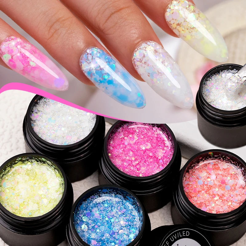 BOZLIN Neon Glitter Sequins Gel, Esmalte, Laser, Colorido, Espumante, Brilhante, Soak Off, LED UV, Arte, Vernizes, 5ml