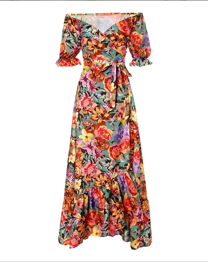 

Women's Vacation Casual Floral Print Split Thigh Belted Wrap Maxi Dress New Summer Female Fashion Short Sleeve Slit Dresses