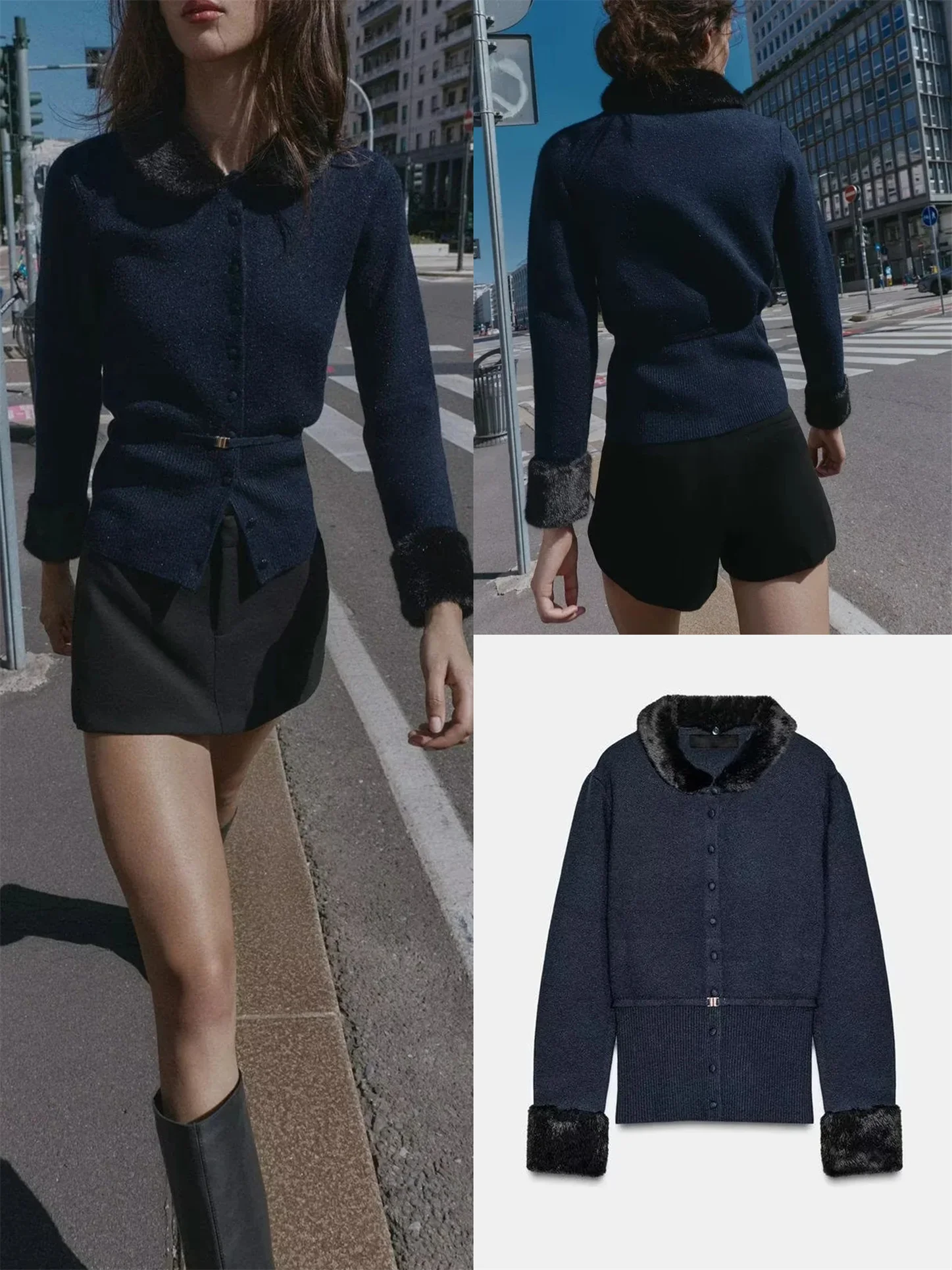 

Faionable Knitted Coat with Belted Artificial Fur Effect Patchwork Commute Sle Women's Autumn New Arrival Outerwear