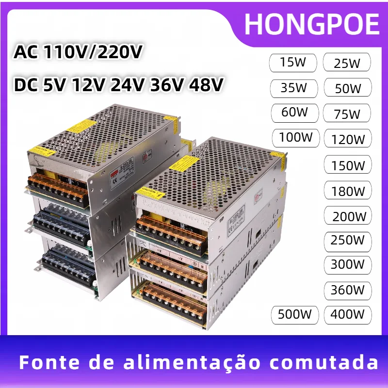 Fonte de alimentação de comutação dc 5v 12v 24v 36v 48v 15w-500w transformador de luz ac 110v/220v smps 2a 5a 10a 15a 20a para tiras de led cctv