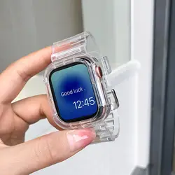 Clear Band + Case for Apple Watch Series 9 8 SE 7 6 5 49mm 45 44 42 41mm Transparent Silicone Strap for iWatch 38mm 40mm Correa