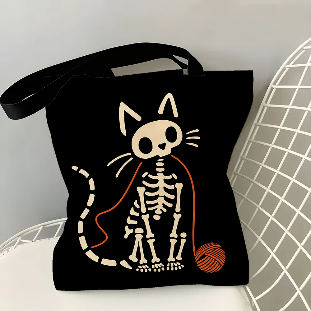 1/2 Pcs Reusable Foldable Grocery Bag, Black Skeleton Cat/Dog Print Shopping Tote with Yarn Ball Pattern, Collapsible Handbag fo - view 5