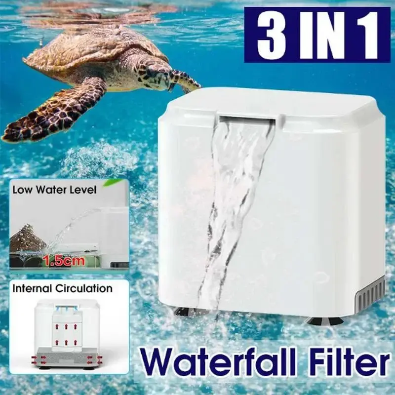 3 In 1 Low Water Level Turtle Tank Waterfall Filter Ultra-Quiet Aquarium Water Circulation Submersible Built-in Filter Sponge