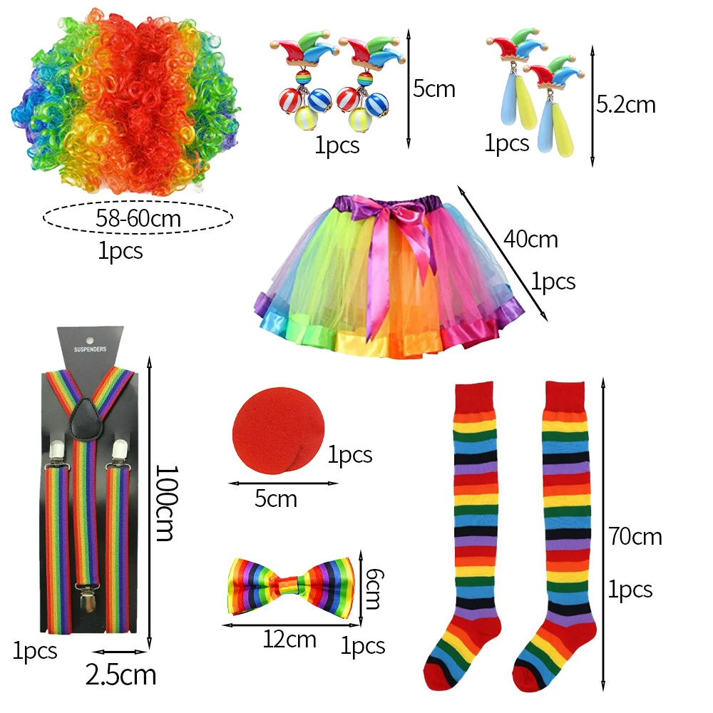 PESENAR 8-piece clown suit women\'s Circus Clown rainbow dress clown wig with nose shorts gloves for Halloween role play