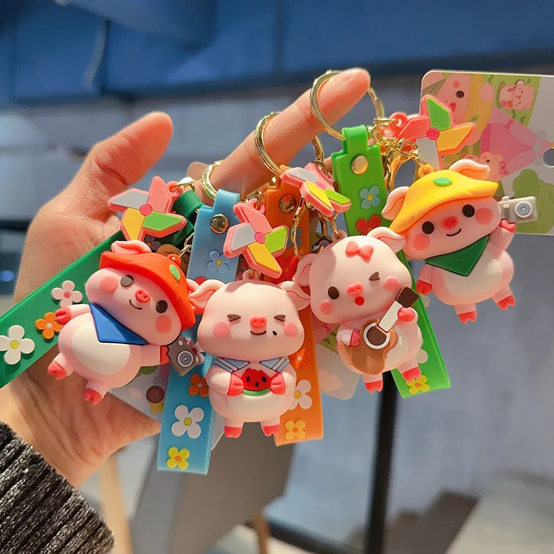 Cute Original Piggy Camping Plan Keychain Cartoon Pvc Figurine Bag Pendant Car Keychain