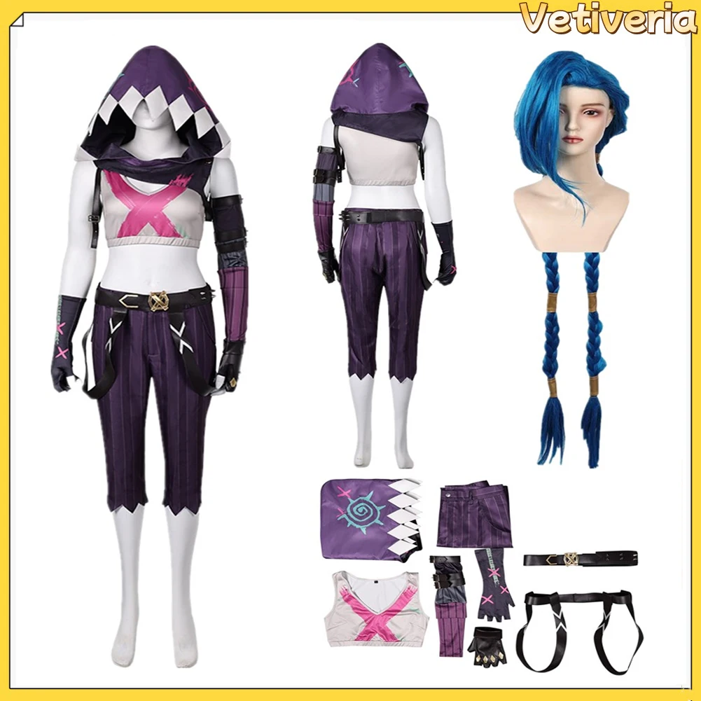 Halloween  Jinx Cosplay Costume Game LOL Women Fantasia Top Pants Gloves Stockings Outfits Wig Disguise Female Carnival Suit