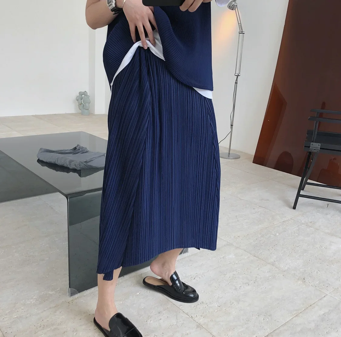 Girls Summer Japanese Orange Pleated Skirt Loose Thin Mid-length A-line Navyblue Skirts Women Smooth Soft Streetwear Ladies