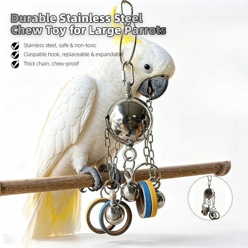 Medium & Large Parrot Chewing Toy with Stainless Steel and Paper Rings for Macaw, African Grey Parrot