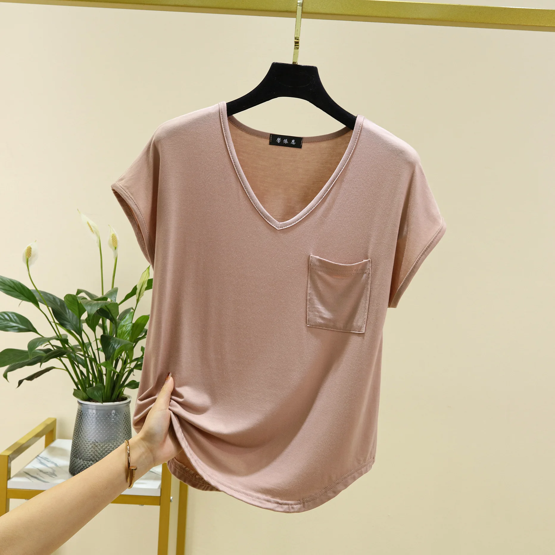 Women's Modal Summer Basic T-Shirt - Solid Color Korean Style Loose Fit Slimming Plus Size V-Neck Short Sleeve Top - Image 5